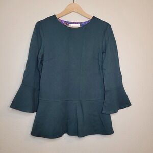 Jude Connally Peplum Blouse Green Size Large Bell Sleeves Pullover Stretchy